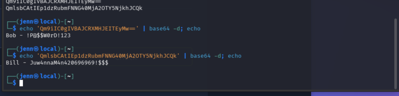 Base64 decode output revealing Bob and Bill credentials in plaintext